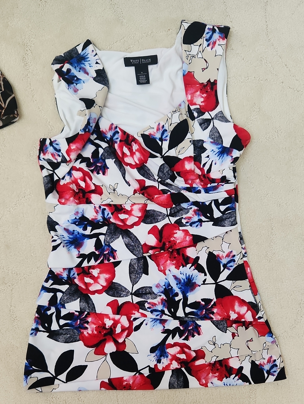 White House Black Market Red, Blue & Black Floral V-Neck Tank